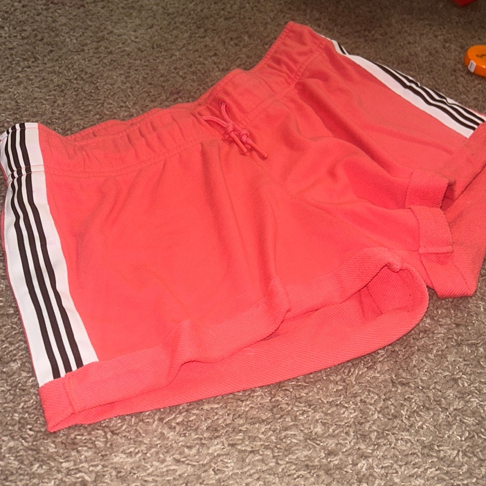 Women’s peach colored adidas shorts stripes on the side Activewear lounge shorts